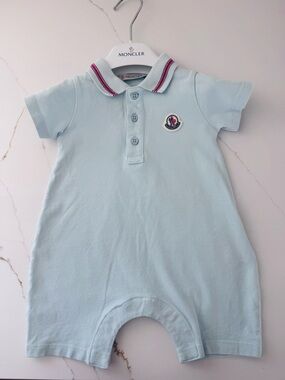 Moncler Light Blue Polo-Style Baby One-Piece with Stripe Collar